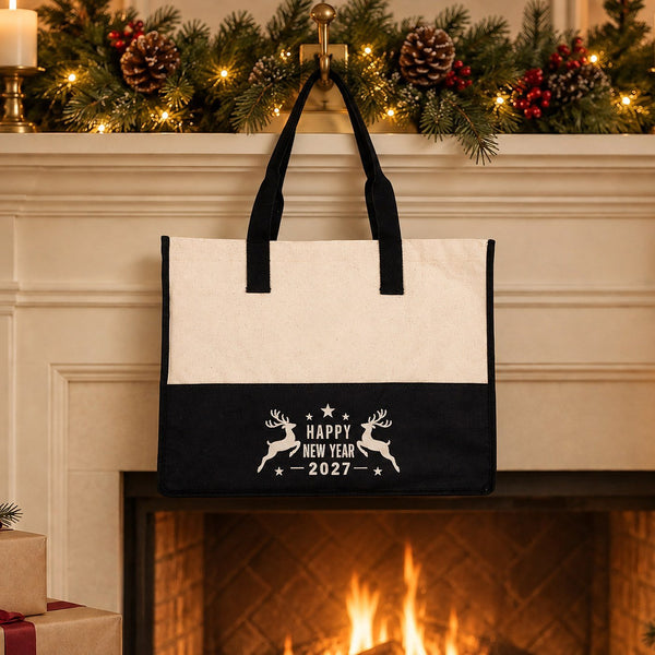 Large Canvas Tote Bag Bulk – Christmas & New Year 2027 Two-Tone Totes 18" × 14" × 7.5" (45 × 35 × 19 cm), Burgundy, Black or Sage Green, 9 Designs - Pamusan.com