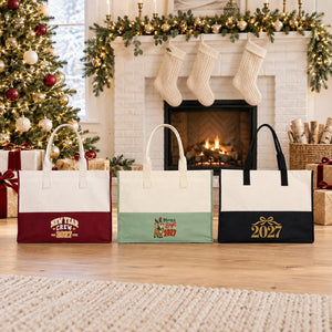 Large Canvas Tote Bag Bulk – Christmas & New Year 2027 Two-Tone Totes 18" × 14" × 7.5" (45 × 35 × 19 cm), Burgundy, Black or Sage Green, 9 Designs - Pamusan.com