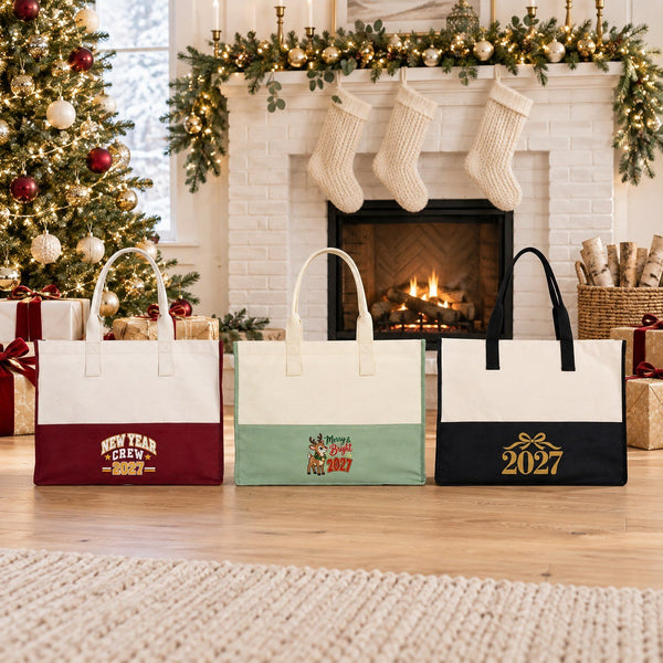 Large Canvas Tote Bag Bulk – Christmas & New Year 2027 Two-Tone Totes 18" × 14" × 7.5" (45 × 35 × 19 cm), Burgundy, Black or Sage Green, 9 Designs - Pamusan.com