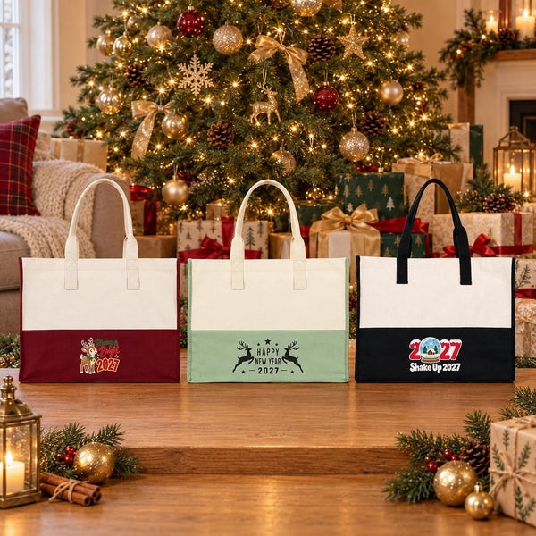 Large Canvas Tote Bag Bulk – Christmas & New Year 2027 Two-Tone Totes 18" × 14" × 7.5" (45 × 35 × 19 cm), Burgundy, Black or Sage Green, 9 Designs - Pamusan.com