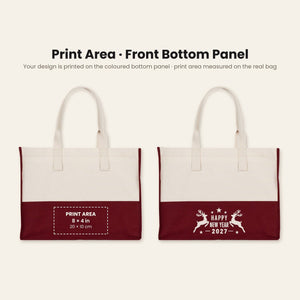 Large Canvas Tote Bag Bulk – Christmas & New Year 2027 Two-Tone Totes 18" × 14" × 7.5" (45 × 35 × 19 cm), Burgundy, Black or Sage Green, 9 Designs - Pamusan.com