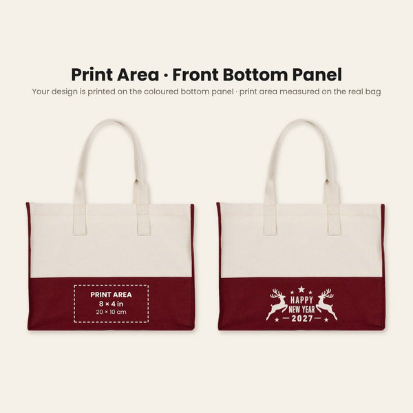 Large Canvas Tote Bag Bulk – Christmas & New Year 2027 Two-Tone Totes 18" × 14" × 7.5" (45 × 35 × 19 cm), Burgundy, Black or Sage Green, 9 Designs - Pamusan.com