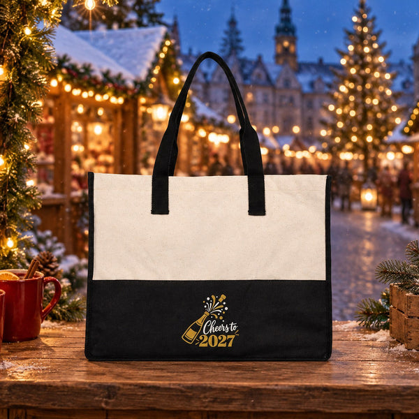 Large Canvas Tote Bag Bulk – Christmas & New Year 2027 Two-Tone Totes 18" × 14" × 7.5" (45 × 35 × 19 cm), Burgundy, Black or Sage Green, 9 Designs - Pamusan.com