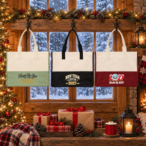 Large Canvas Tote Bag Bulk – Christmas & New Year 2027 Two-Tone Totes 18" × 14" × 7.5" (45 × 35 × 19 cm), Burgundy, Black or Sage Green, 9 Designs - Pamusan.com