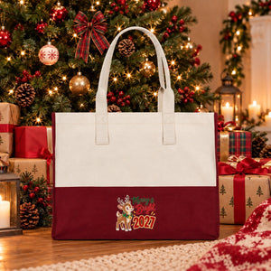 Large Canvas Tote Bag Bulk – Christmas & New Year 2027 Two-Tone Totes 18" × 14" × 7.5" (45 × 35 × 19 cm), Burgundy, Black or Sage Green, 9 Designs - Pamusan.com