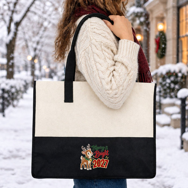 Large Canvas Tote Bag Bulk – Christmas & New Year 2027 Two-Tone Totes 18" × 14" × 7.5" (45 × 35 × 19 cm), Burgundy, Black or Sage Green, 9 Designs - Pamusan.com