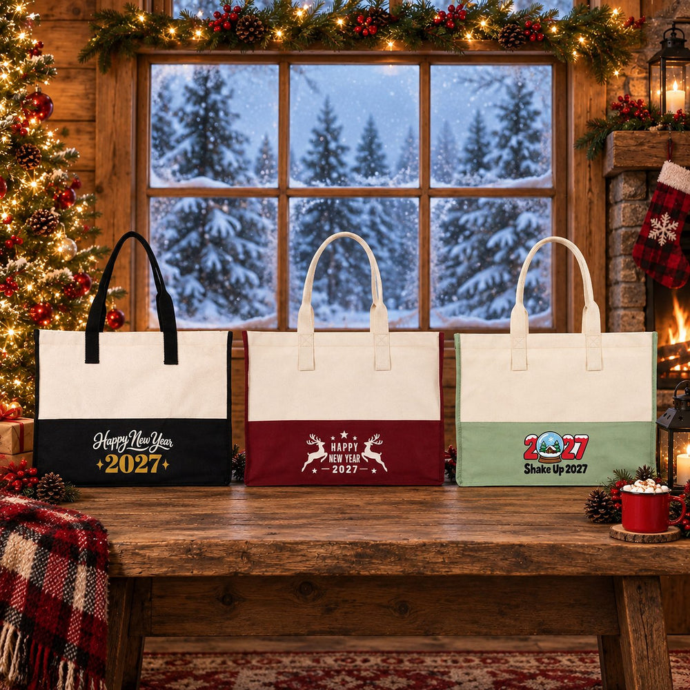 Borsa di tela grande di Natale – tote bag bicolore 45 × 35 × 19 cm, bordeaux, nero o verde salvia, 9 motivi Natale e Capodanno 2027 - Pamusan.it