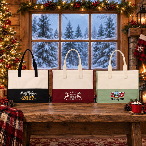 Large Canvas Tote Bag Bulk – Christmas & New Year 2027 Two-Tone Totes 18" × 14" × 7.5" (45 × 35 × 19 cm), Burgundy, Black or Sage Green, 9 Designs - Pamusan.com