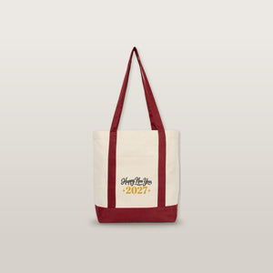 New Year Canvas Tote Bag with Pocket – 16" × 14" × 5" (40 × 35 × 12 cm) with Red, Black or Burgundy Trim, 9 Happy New Year 2027 Designs - Pamusan.com