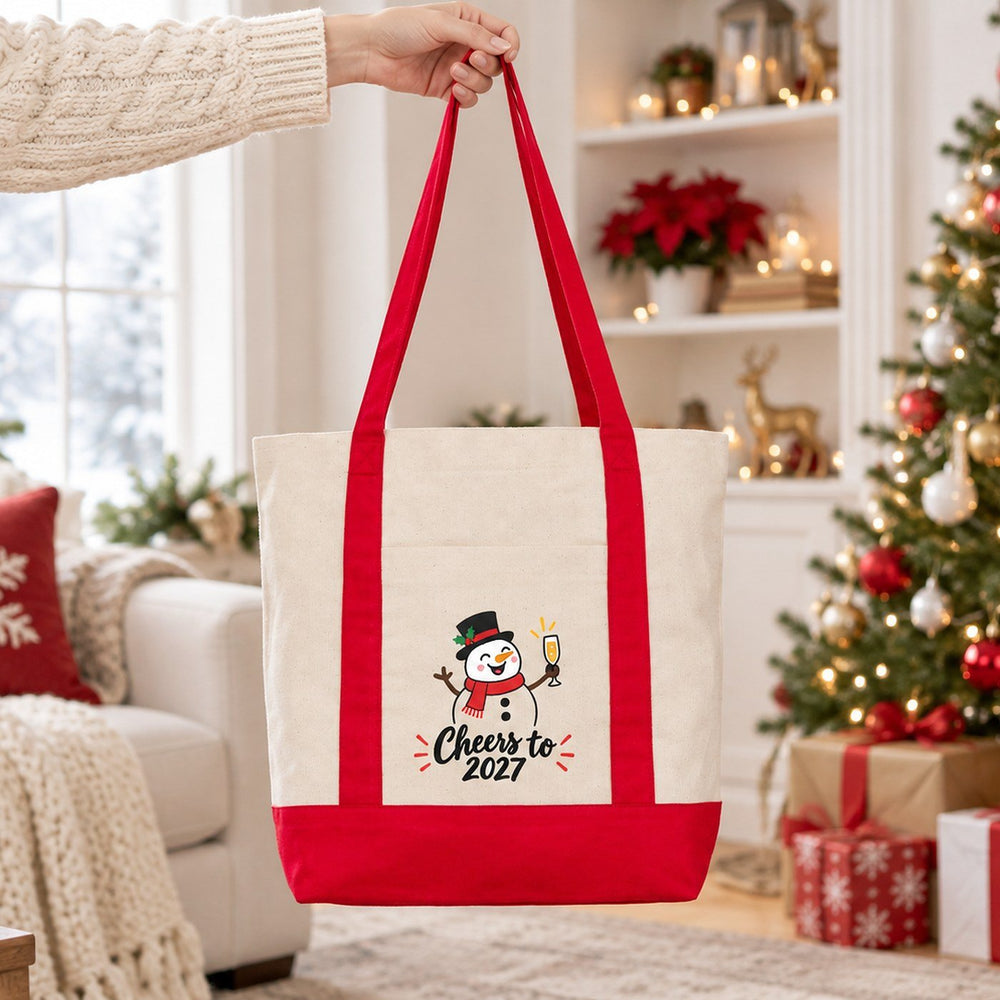 Borsa in tela di Capodanno con tasca frontale – 9 motivi Happy New Year 2027, tote bag 40 × 35 × 12 cm con finiture rosse, nere o bordeaux - Pamusan.it