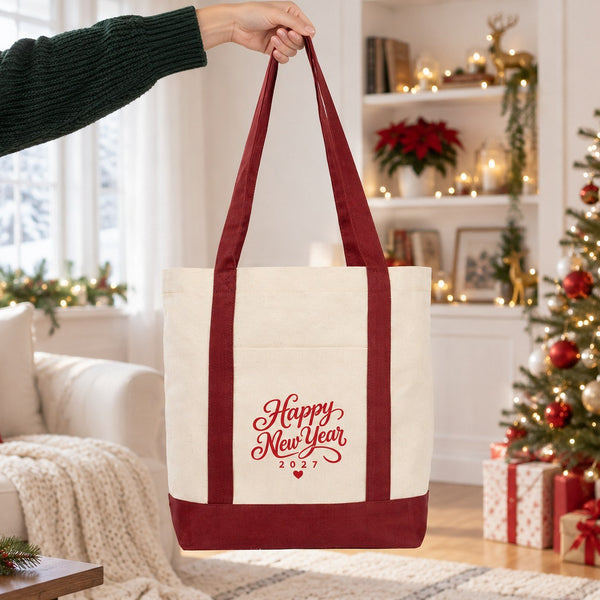 New Year Canvas Tote Bag with Pocket – 16" × 14" × 5" (40 × 35 × 12 cm) with Red, Black or Burgundy Trim, 9 Happy New Year 2027 Designs - Pamusan.com