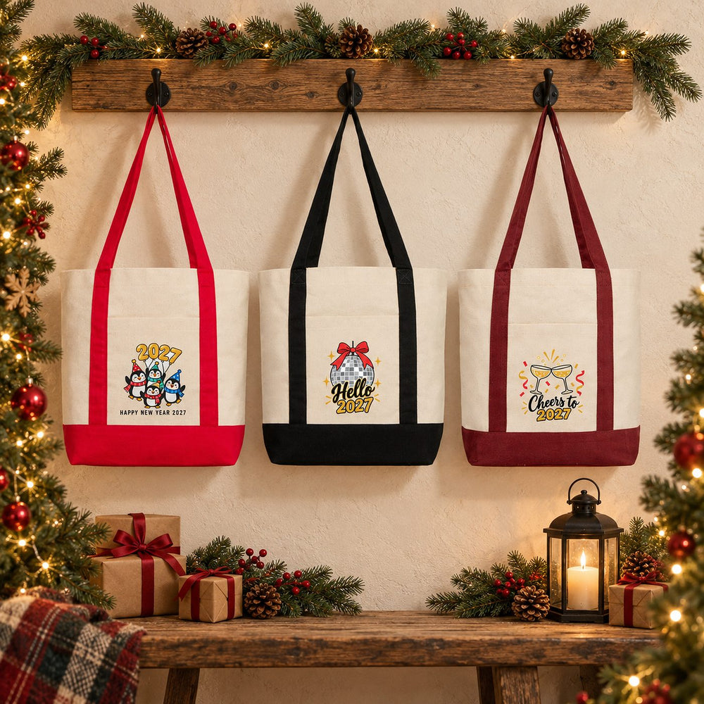 Borsa in tela di Capodanno con tasca frontale – 9 motivi Happy New Year 2027, tote bag 40 × 35 × 12 cm con finiture rosse, nere o bordeaux - Pamusan.it