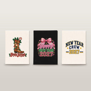 New Year Journal Bulk – Canvas Notebook A5 5.5" × 7.9" (14 × 20 cm), 9 Happy New Year 2027 Designs, Natural or Black Cover - Pamusan.com
