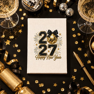 New Year Journal Bulk – Canvas Notebook A5 5.5" × 7.9" (14 × 20 cm), 9 Happy New Year 2027 Designs, Natural or Black Cover - Pamusan.com