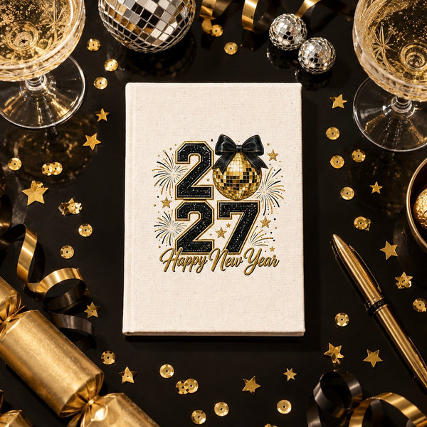 New Year Journal Bulk – Canvas Notebook A5 5.5" × 7.9" (14 × 20 cm), 9 Happy New Year 2027 Designs, Natural or Black Cover - Pamusan.com