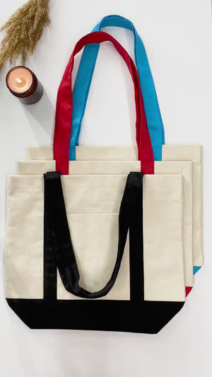 Large Trend Canvas Shopping Bag with Red Handle, 16"W x 14"H x 5"L, Large Tote Bag 12 Oz, Personalized