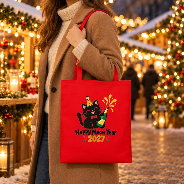 Red New Year Canvas Tote Bag 14" × 16" (35 × 40 cm) – Penguin Family 2027 Print, Custom Holiday Gift Bag - Pamusan.com