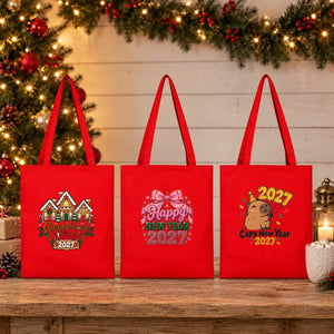Red New Year Canvas Tote Bag 14" × 16" (35 × 40 cm) – Penguin Family 2027 Print, Custom Holiday Gift Bag - Pamusan.com