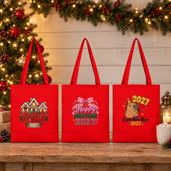 Red New Year Canvas Tote Bag 14" × 16" (35 × 40 cm) – Penguin Family 2027 Print, Custom Holiday Gift Bag - Pamusan.com