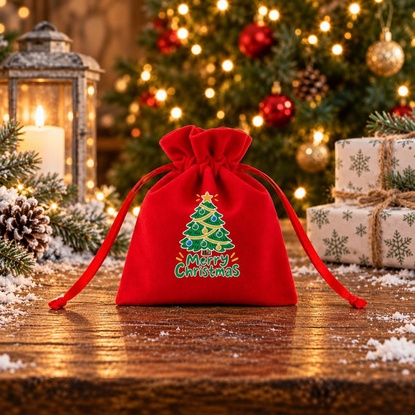 Sacchettino regalo in velluto rosso con motivo Buon Natale, su un tavolo rustico innevato davanti all’albero illuminato