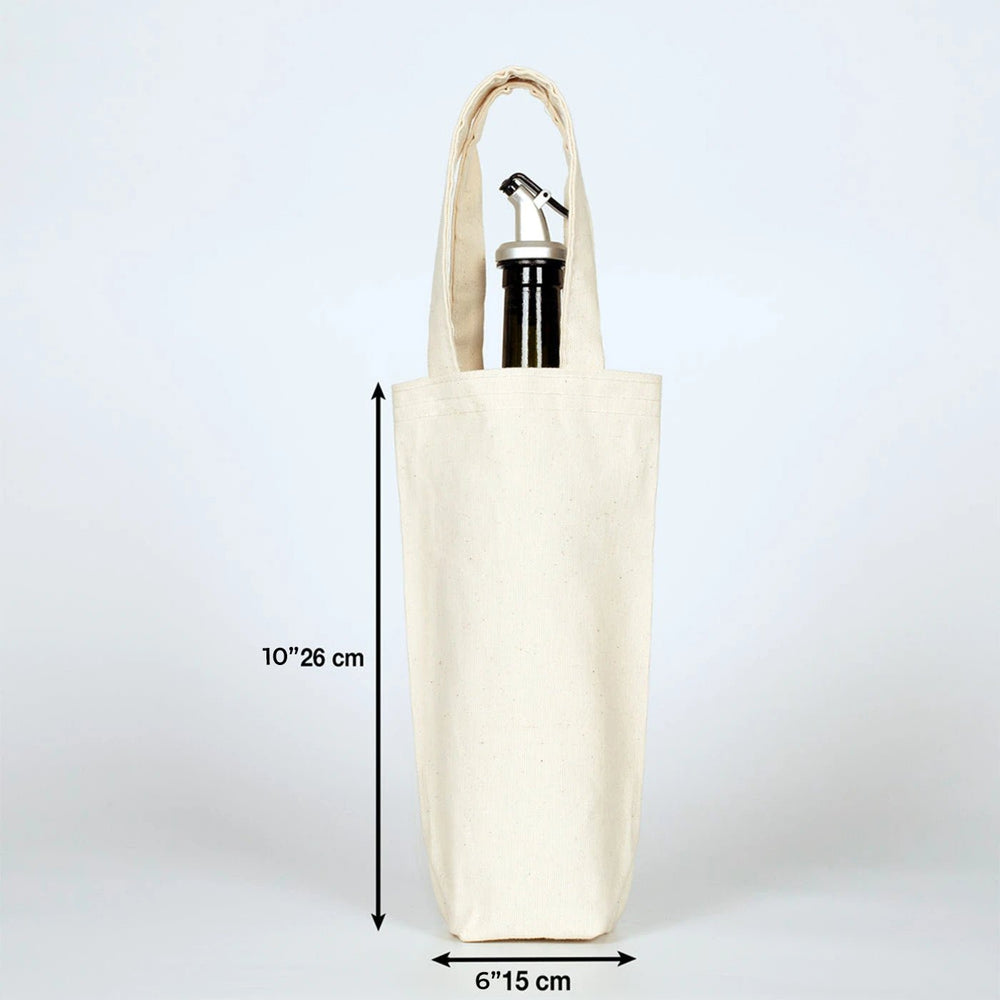 White bottle bag with a bottle inside on a wooden surface with kitchen items in the background