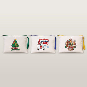 Wristlet Pouch Bulk – Christmas & New Year 2027 Makeup Bags in 6 Zipper Colors, 9 Designs, 8.3" × 6" (21 × 15 cm) – Cotton Gabardine - Pamusan.com