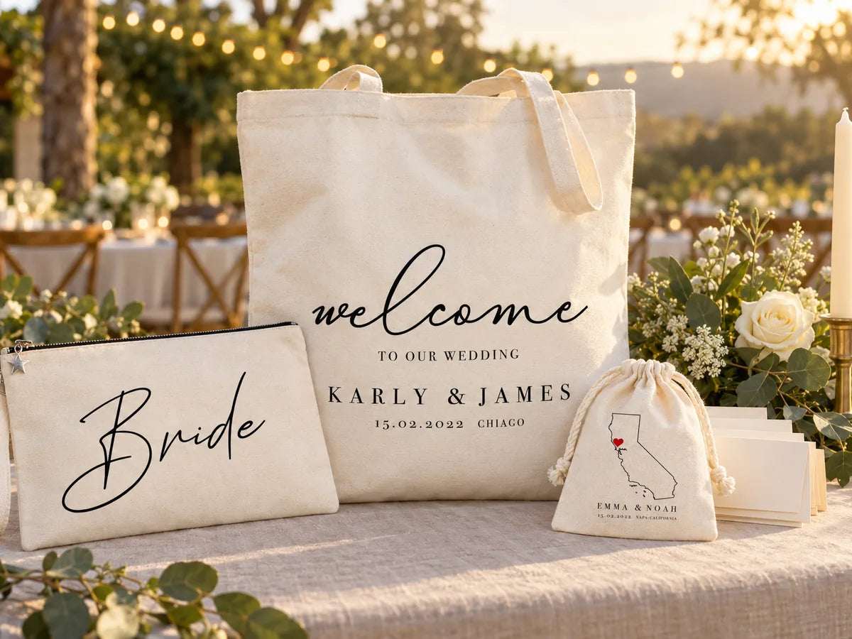 Tavolo di benvenuto con tovaglia di lino nell'ora dorata: la welcome bag «Karly & James» in piedi, davanti una pochette con zip «Bride», a destra un sacchetto con coulisse «Emma & Noah» con la mappa della California, rose bianche, eucalipto e una candela