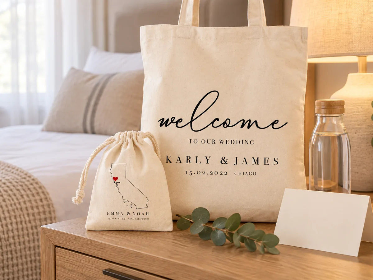 Camera d'albergo con comodino in rovere e lampada calda: la welcome bag «Karly & James» in piedi, davanti un sacchetto con la mappa della California, una bottiglia d'acqua in vetro, un cartoncino di benvenuto bianco ed eucalipto
